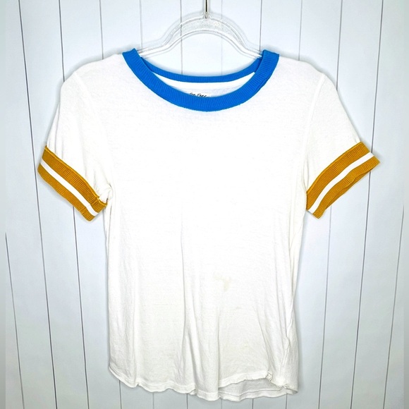 We the Free Lets Do This Ringer Tee Sporty Blue Yellow Crew Short Sleeve Retro S - Picture 5 of 11